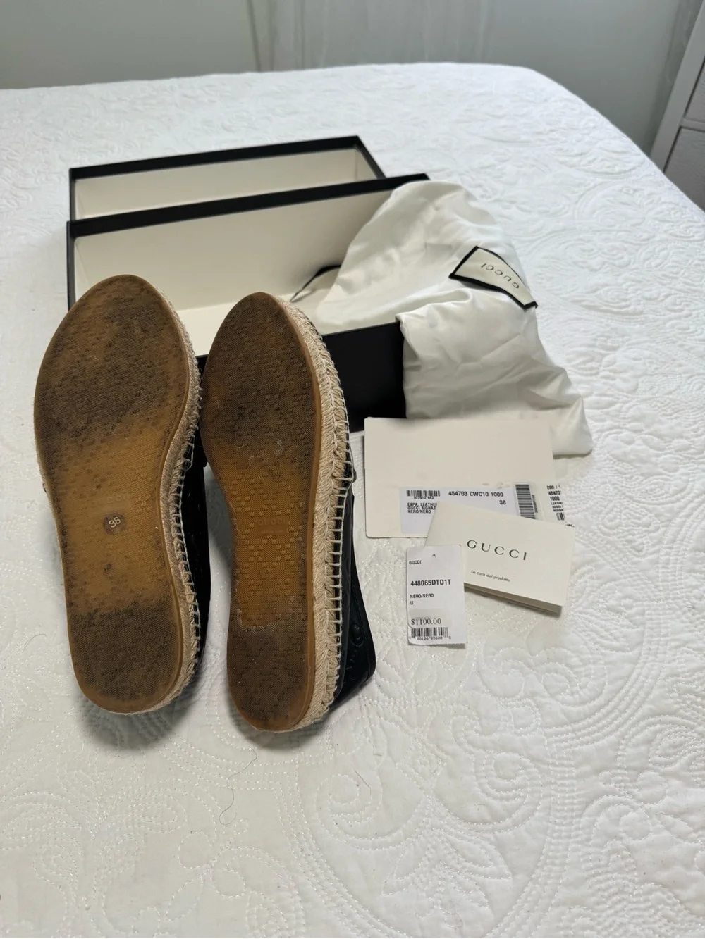 Gucci Black Leather Embossed Espadrille Flats